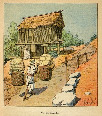 La Guerre à Madagascar - Histoire anecdotique des expéditions françaises de 1885-1895 par Henri Galli dit Gallichet (1854-1922), illustrée par Louis Bombled (1862-1927) : Une case malgache au 19ème siècle, Collection privée - Louis Charles Bombled