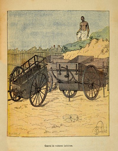 La Guerre à Madagascar - Histoire anecdotique des expéditions françaises de 1885-1895 par Henri Galli dit Galllichet, illustrée par Louis Bombled : Convoi de voitures Lefebvre pour l