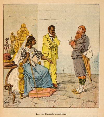 La Guerre à Madagascar - Histoire anecdotique des expéditions françaises de 1885-1895 par Henri Galli dit Gallichet (1854-1922), illustrée par Louis Bombled (1862-1927) : Un journaliste anglais interviewe la reine Ravanalo en 1895 en présence de son premie - Louis Charles Bombled