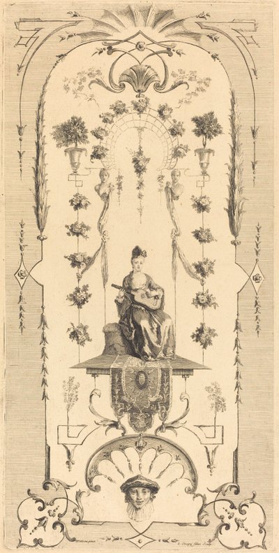 Femme assise jouant de la guitare - Louis Crépy after Antoine Watteau