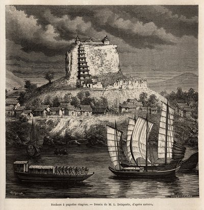Un rocher avec des pagodes et divers bateaux sur la rivière bleue (Chine), gravure d