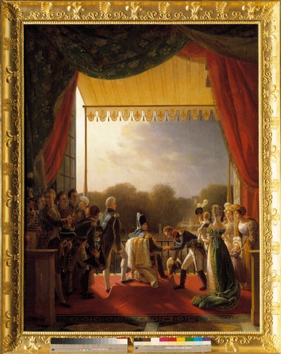 Louis XVIII, entouré des membres de la famille royale, assiste au balcon des Tuileries, au retour de l