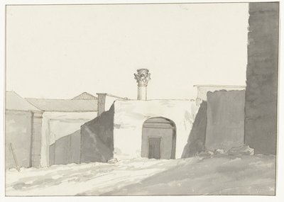 Colonne antique et bâtiments dans le port de Brindisi - Louis Ducros