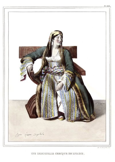Une dame grecque de Livadie, dans « Voyage à Athènes et Constantinople, ou collection de portraits, vues et costumes grecs et ottomans, peints sur place d