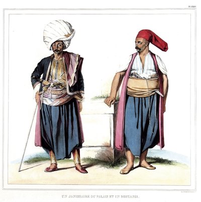 Un janissaire du palais et un bostangi (jardinier du sérail). dans « Voyage à Athènes et Constantinople, ou collection de portraits grecs et ottomans, vues et costumes, peints sur place d