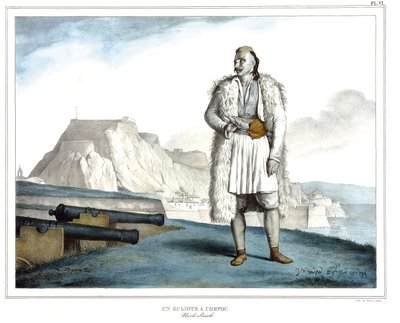 Un Suliote à Corfou, Nicolo Pervoli, dans « Voyage à Athènes et Constantinople, ou collection de portraits, vues et costumes grecs et ottomans, peints sur place d