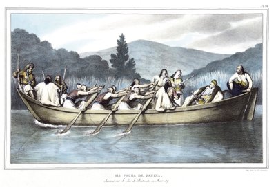 Ali Pacha de Janina (1741-1822), chassant sur le lac Butrinto en mars 1819, dans « Voyage à Athènes et Constantinople, ou collection de portraits, vues et costumes grecs et ottomans, peints sur place d