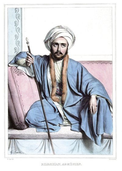 Bilesikdji, Arménien. dans « Voyage à Athènes et Constantinople, ou collection de portraits, vues et costumes grecs et ottomans, peints sur les lieux de nature, lithographiés et coloriés par Louis Dupré (1789-1837), élève de David.1825. - Louis Dupré