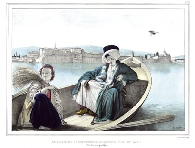 Le palais et la forteresse de Janina, vus du lac. Un Turc et un jeune Grec. dans « Voyage à Athènes et Constantinople, ou collection de portraits grecs et ottomans, vues et costumes, peints sur place d