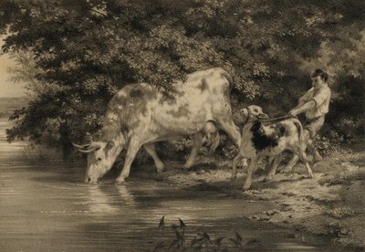 Garçon avec vache et veau au bord de la rivière - Louis Emmanuel Soulange Tessier