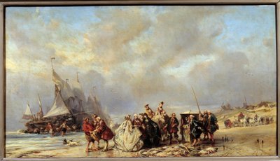 Seigneurs sur la plage de Scheveningue achetant du poisson - Louis Eugene Gabriel Isabey