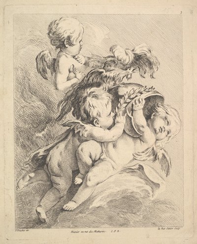 Trois Cupidons tenant un casque - Louis Felix de la Rue