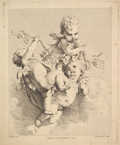 Trois cupidons jouant avec des branches de vigne - Louis Felix de la Rue