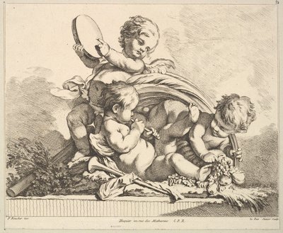 Trois cupidons, deux jouant de la musique, un tenant des feuilles de palmier - Louis Felix de la Rue