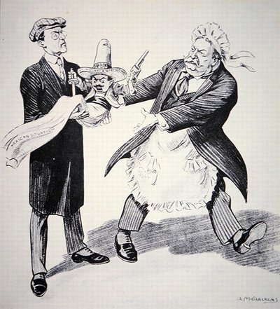 Caricature américaine montrant le président américain Tuft remettant la "situation mexicaine" problématique à son successeur Woodrow Wilson en 1913 (lithographie) - Louis Glackens