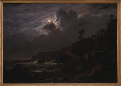 Vue de Kullen en Suède. Contrebandiers cachant leurs marchandises parmi les rochers. Clair de lune - Louis Gurlitt