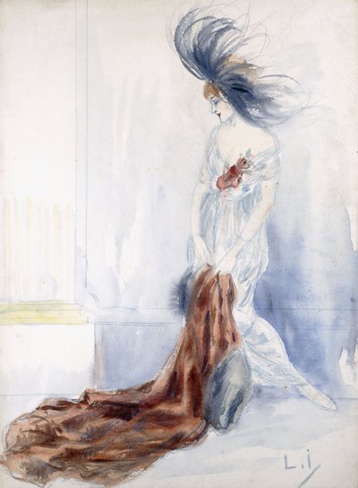 Dame élégante avec chapeau à plumes et manteau de fourrure - Louis Icart