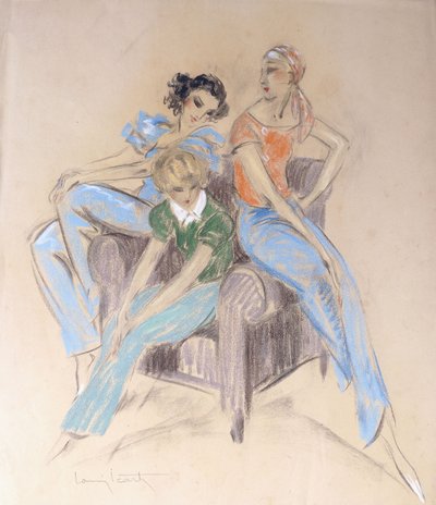 Trois filles assises sur un fauteuil - Louis Icart