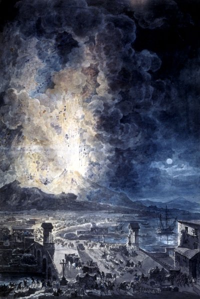 Éruption du Vésuve à Naples, aquarelle - Louis Jean Desprez