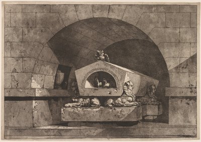 Tombe avec Sphinx : Monument funéraire avec une chouette sur un sarcophage soutenu par un Sphinx, vers 1779-84 - Louis Jean Desprez