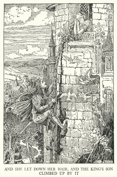 Et elle laissa tomber ses cheveux, et le fils du roi grimpa par eux - Louis John Rhead