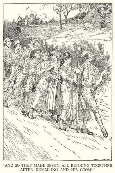"Et ainsi ils étaient sept, tous courant ensemble après Dummling et son oie" - Louis John Rhead