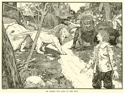 Il aperçut deux lions sur le chemin - Louis John Rhead