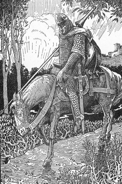 Mordred (Modred) blessé après la bataille de Camlann contre son père le roi Arthur (Mordred blessé après la bataille de Camlann) Illustration par Louis Rhead (1858-1926) de « Le roi Arthur et ses chevaliers » 1923 Collection privée - Louis John Rhead