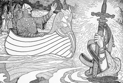Représentation de la Dame du Lac (fée Viviane), personnage des légendes arthuriennes, donnant à Roi Arthur l