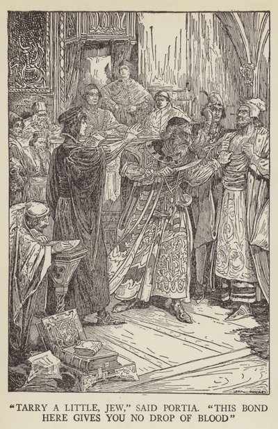 Attendez un peu, Juif, dit Portia, ce contrat ici ne vous donne pas une goutte de sang - Louis John Rhead