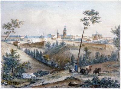 Bouvier dans la campagne bretonne (Dinan au loin) - lithographie par Jacottet et Benoist - Louis Julien Jacottet