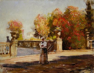 Une dame lisant sur une terrasse ensoleillée - Louis Kolitz