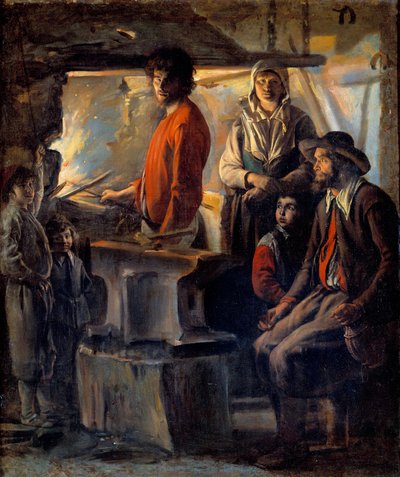 Le maréchal dans sa forge. Le maréchal-ferrant et sa famille, à côté de lui une enclume - Louis le Nain