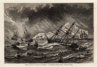 Pêche à la morue sur le Grand Banc de Terre-Neuve, les bateaux suivent les lignes, dessin de Lebreton, pour illustrer le voyage à Terre-Neuve en 1860 par A. de Gobineau. Gravure dans « Le tour du monde », édité par Edouard Charton - Louis Le Breton