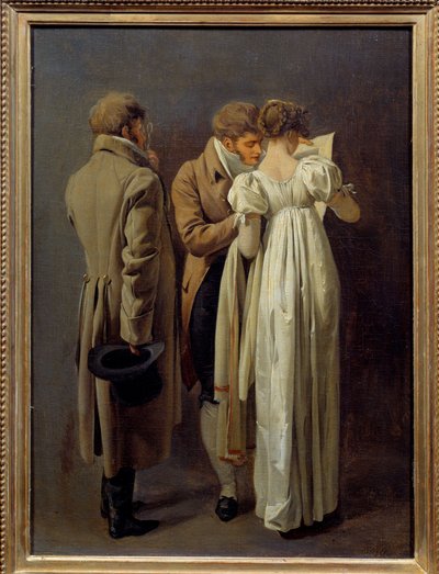 Amateurs de gravures Jeunes gens vêtus à la mode du Premier Empire contemplent une gravure - Louis Leopold Boilly