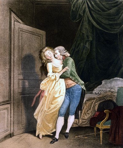 Résistance douce. Un homme fait des avances à une jeune femme très élégante. Gravure par Boilly - Louis Leopold Boilly