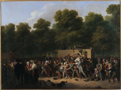 French: Distribution de vin et de comestibles aux Champs-Elysées, à l