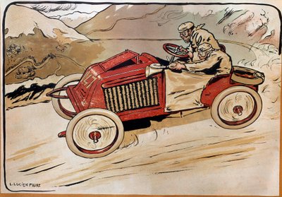 Automobile : une voiture de course. Marcel Renault (1872-1903) et René Vauthier traversant les Alpes lors de la course PARIS-VIENNE en 1902 dans la voiture 147. Lithographie de Louis Lucien Faure Dujarric (1872-?), 20e siècle. Conservatoire national des Ar - Louis Lucien Faure Dujarric