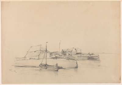 Maisons et deux bateaux près de la côte - Louis Meijer