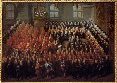 Lit de justice tenu par Louis XV (1710-1774) dans la Grande Chambre du Parlement de Paris pour casser le testament de Louis XIV (1638-1715) - Louis Michel Dumesnil