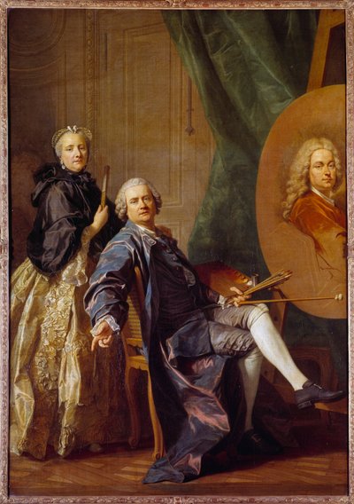 Louis Michel Van Loo (1707-1771), conseillé par sa sœur Marie Anne travaille sur le portrait de son père Jean Baptiste Van Loo (1684-1745) Peinture de Louis Michel Van Loo (1707-1771) 1763 Dim. 2,4x1,6 m - Louis Michel van Loo