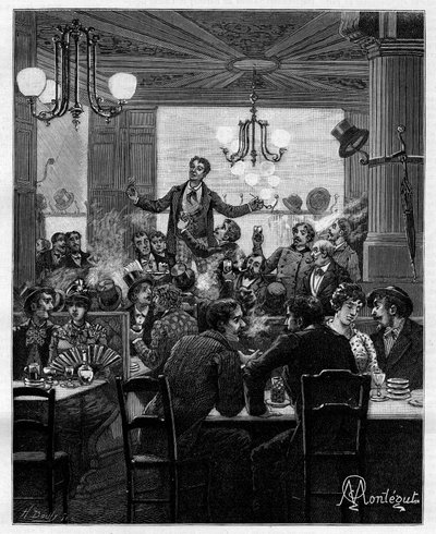 Au milieu, sur une table, Desroches mène le charivari. Scène dans un café parisien : les gens chantent, boivent, fument, discutent et flirtent autour des tables. Dans « Trente ans de Paris » collection autobiographique d