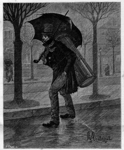 Mauvaise récolte ! Pauvre cigale mouillée ! ... Joueur de tambour en misère marchant sous la pluie dans les rues de Paris. Dans "Trente ans de Paris" recueil autobiographique d