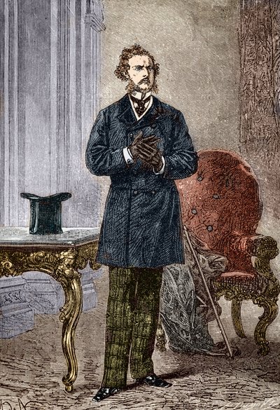 Portrait de Phileas Fogg, personnage du roman « Le tour du monde en quatre-vingts jours » de Jules Verne illustré par Louis Paul Pierre Dumont (1822-1882) en 1872 (Phileas Fogg du frontispice de « Le tour du monde en quatre-vingts jours » par Jules Verne ( - Louis Paul Pierre Dumont