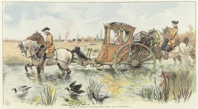 Une femme chevauchant dans une calèche traversant une rivière - Louis Vallet