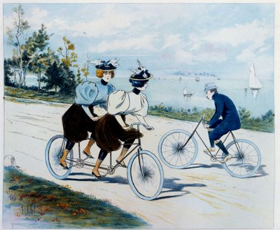 Promenade du dimanche. Balade à vélo : un homme à vélo regarde deux femmes sur un tandem - Louis Vallet