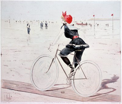 Femme à vélo sur la plage - dessin de L. Vallet - Louis Vallet