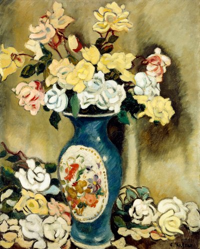 Bouquet de roses rouges dans un vase bleu, vers 1920 - Louis Valtat