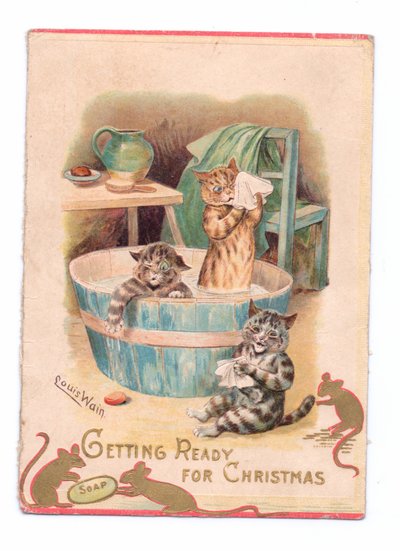 Carte de Noël victorienne de deux chats dans une baignoire tandis que deux souris jouent avec un savon, c.1880 - Louis Wain