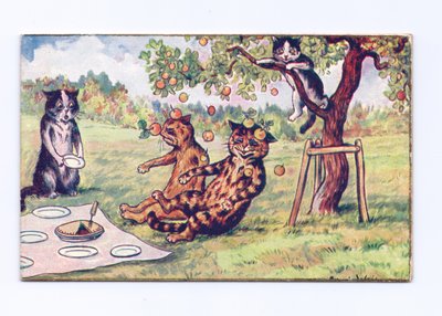 Carte de vœux victorienne de pommes tombant sur deux chats lors d
